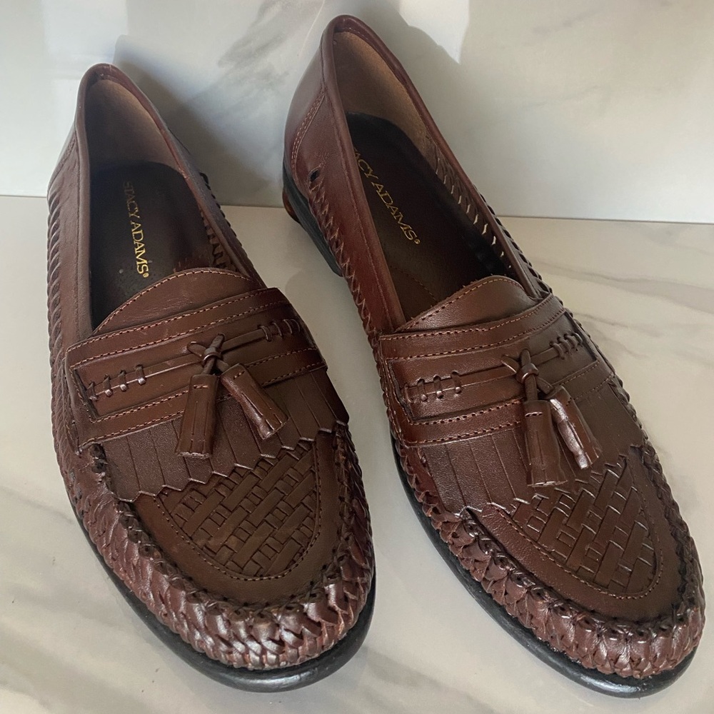 Stacy Adams Loafers Woven Brown Leather Tassel Kiltie Slip On Shoes Size 9?